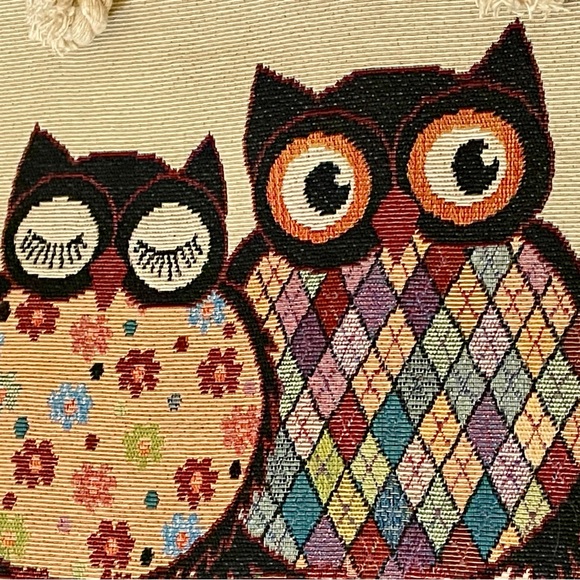 Graphic Owl Couple Tote Bag Thick Rope Handles Cream Backside 15.5”x 17”x 3.5” - Picture 4 of 9